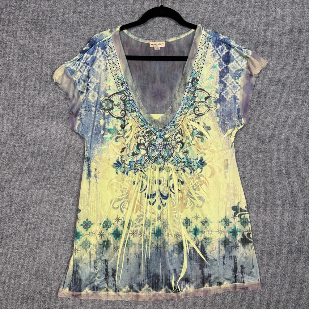 One World Live And Let Live Sz XL Tunic Blouse Cream Mesh Beaded Fairy Boho Vamp